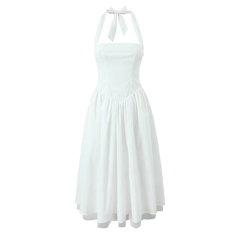 Halter Midi Dress - Backless Mesh Lace-Up Party Dress