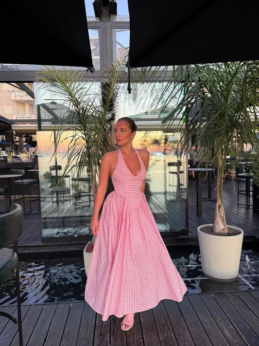 Pink Plaid Halter Dress Backless Low Waist