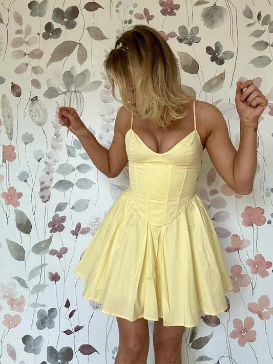 Fishbone Waist Yellow Mini Dress Lace-Up Back