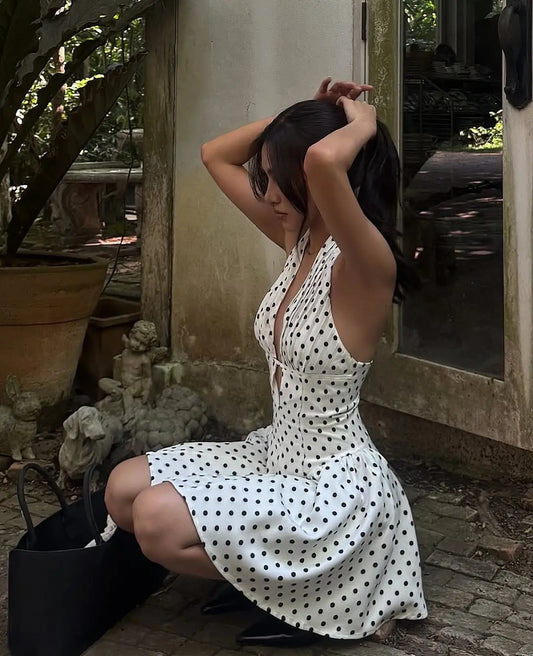 Polka Dot Halter Dress Backless A-Line Mini
