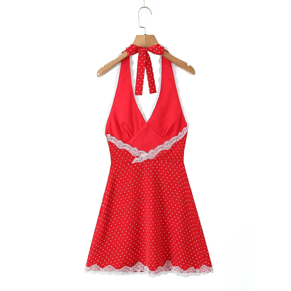 Lace Polka Dot Halter Mini Dress Backless