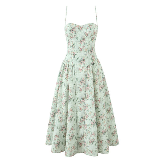 Green Floral Midi Dress Spaghetti Strap Low Waist