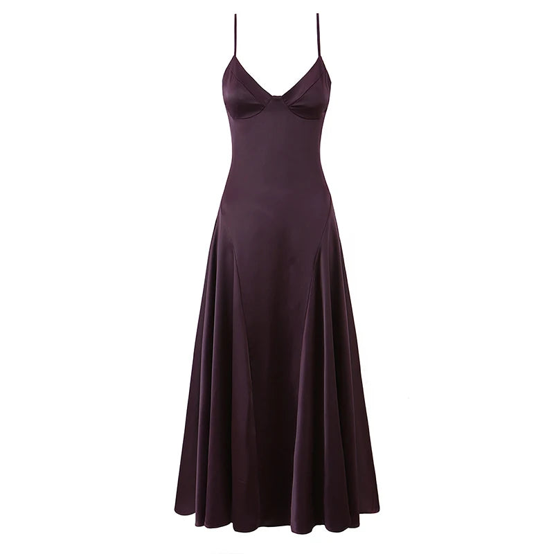 Satin Maxi Dress - V-Neck Spaghetti Strap Evening Dress