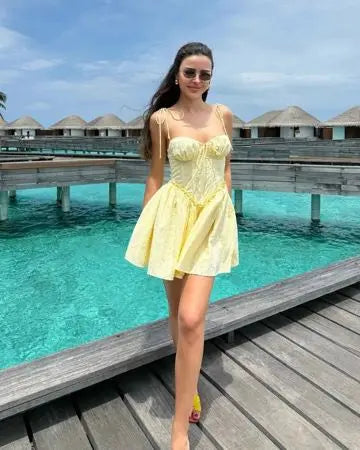 Yellow Embroidered Mini Dress Lace-Up Low Waist