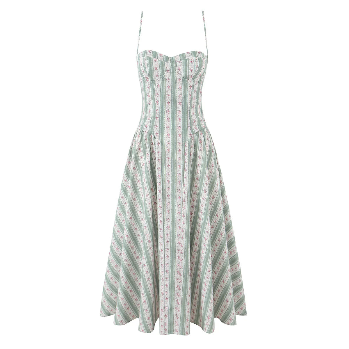 Green Striped Floral Midi Dress Spaghetti Strap