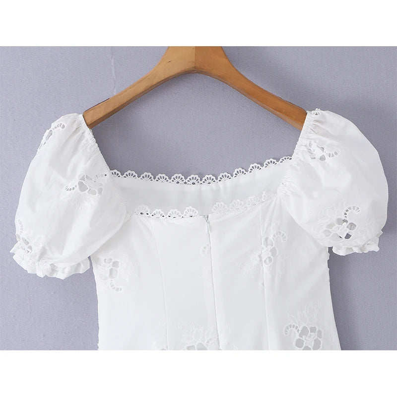Embroidered White Mini Dress Puff Sleeve Floral