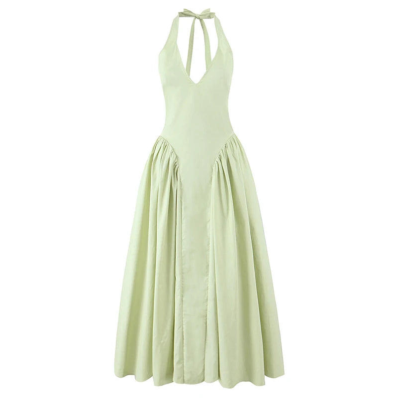 Green Halter Midi Dress Backless Low Waist