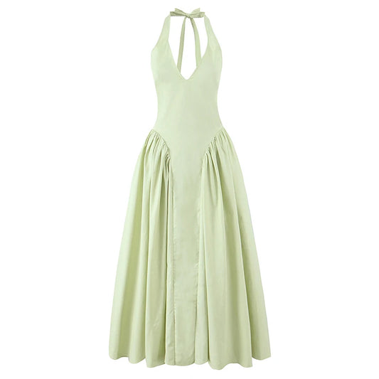 Green Halter Midi Dress Backless Low Waist