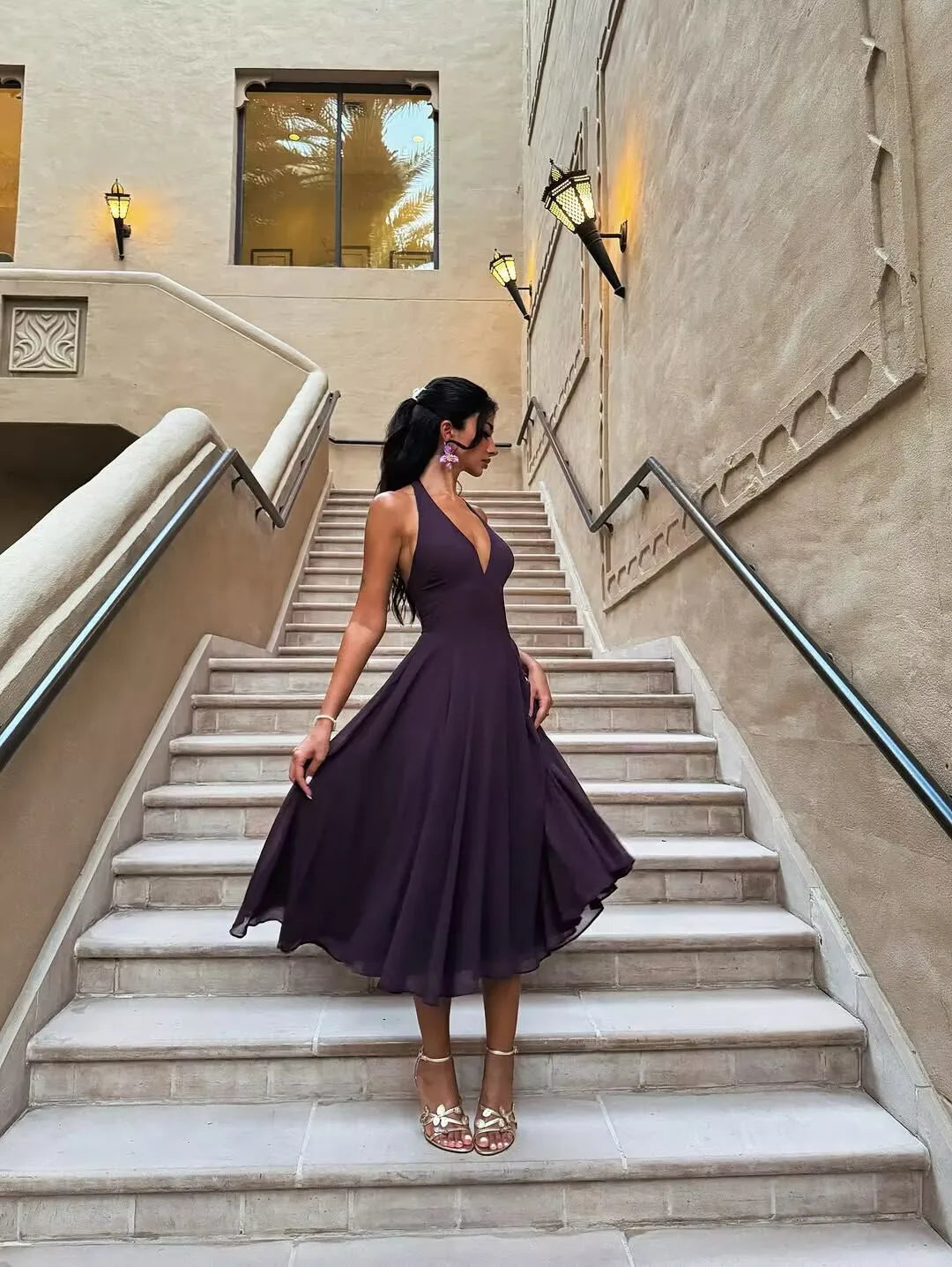 Halter Mini Dress - Backless Pleated Swing Party Dress