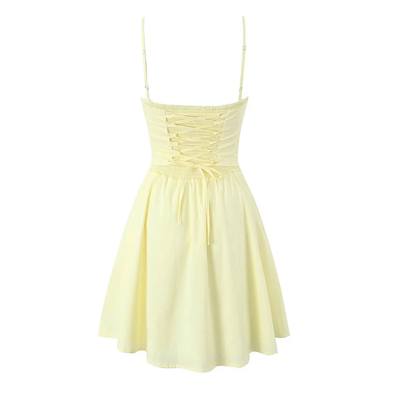 Fishbone Waist Yellow Mini Dress Lace-Up Back