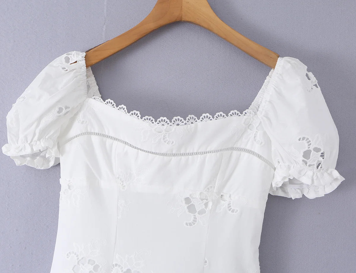 Embroidered White Mini Dress Puff Sleeve Floral