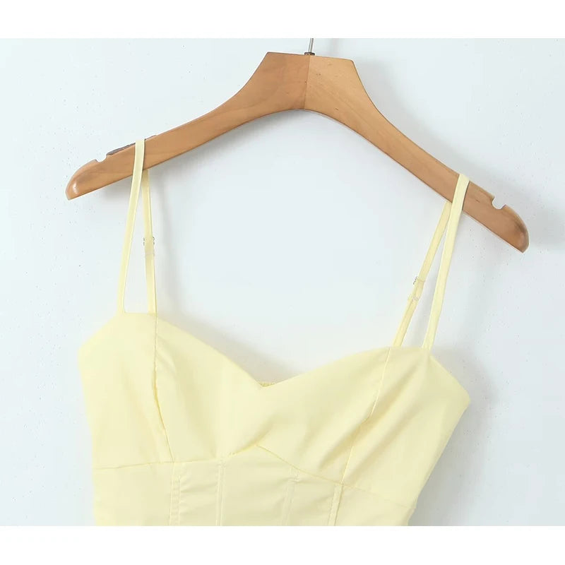 Fishbone Waist Yellow Mini Dress Lace-Up Back