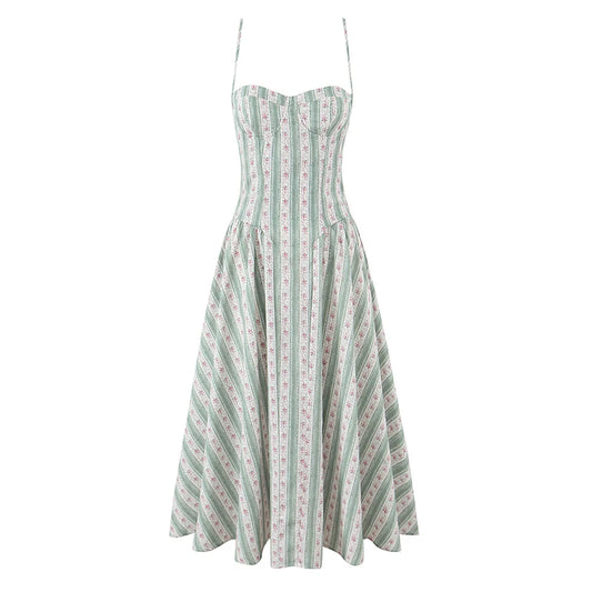 Green Striped Floral Midi Dress Spaghetti Strap