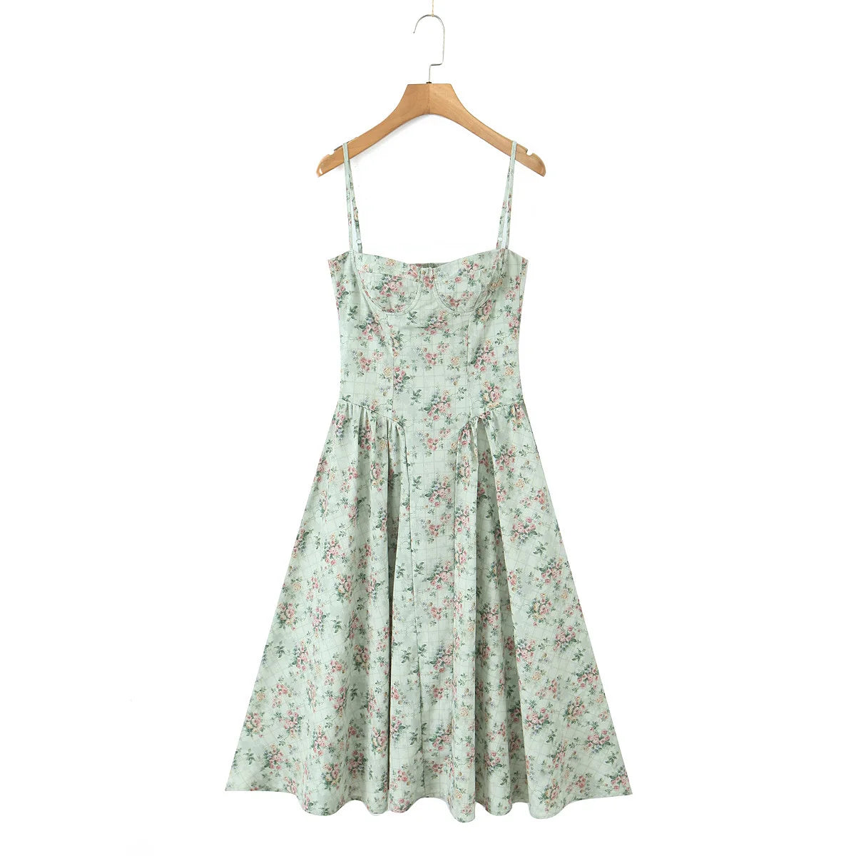 Green Floral Midi Dress Spaghetti Strap Low Waist