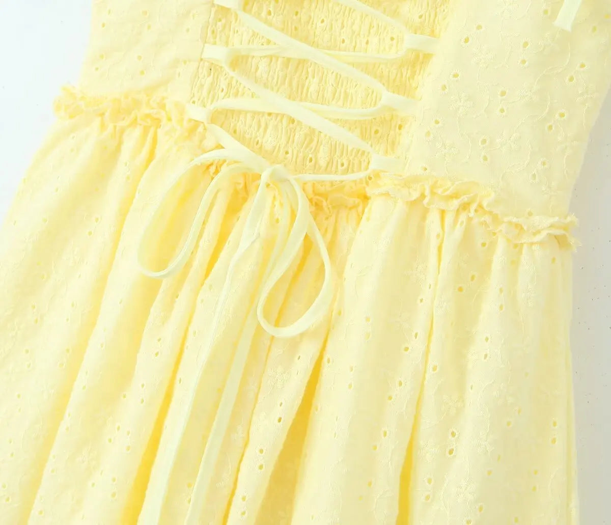Yellow Embroidered Mini Dress Lace-Up Low Waist