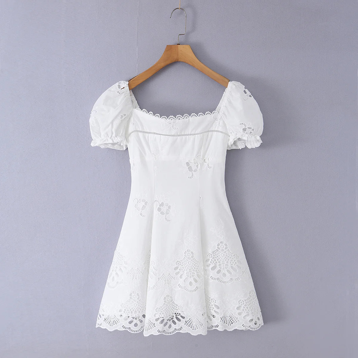 Embroidered White Mini Dress Puff Sleeve Floral