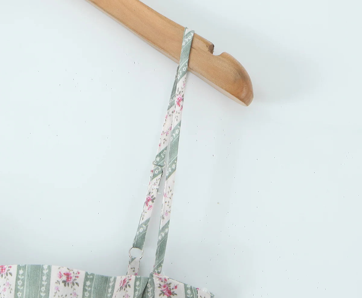 Green Striped Floral Midi Dress Spaghetti Strap