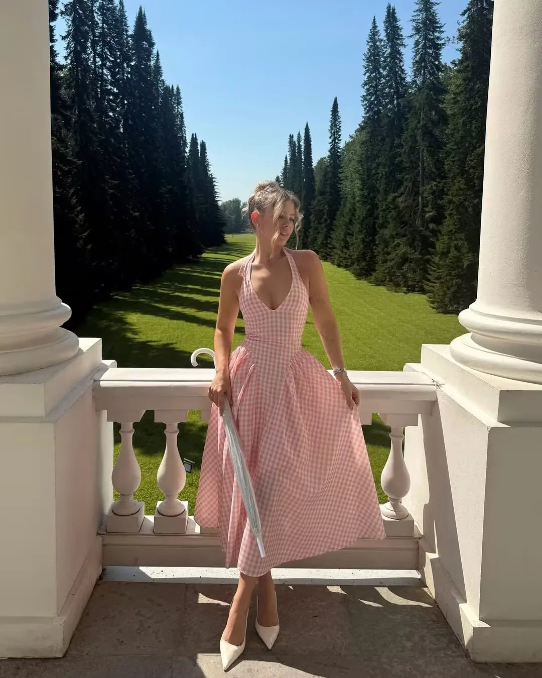 Pink Plaid Halter Dress Backless Low Waist