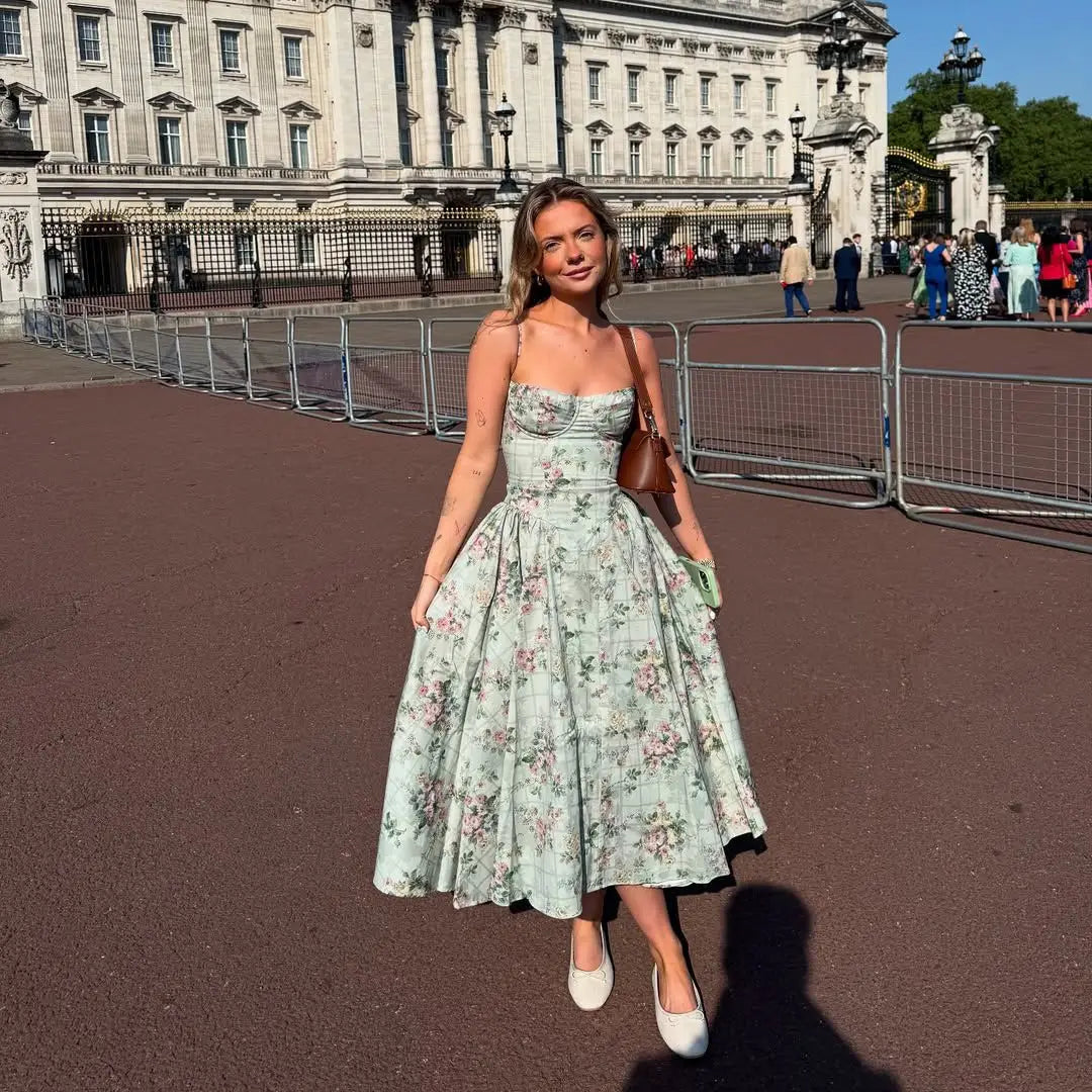 Green Floral Midi Dress Spaghetti Strap Low Waist
