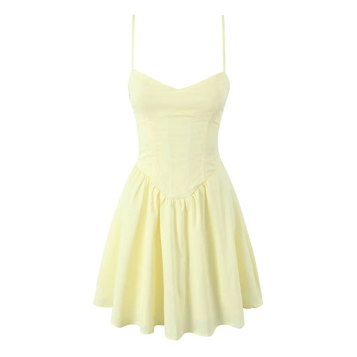 Fishbone Waist Yellow Mini Dress Lace-Up Back