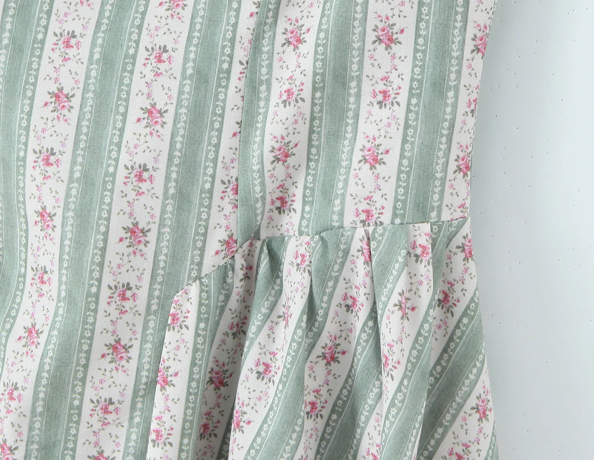 Green Striped Floral Midi Dress Spaghetti Strap