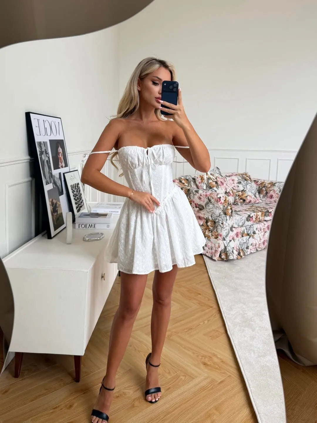 Yellow Embroidered Mini Dress Lace-Up Low Waist