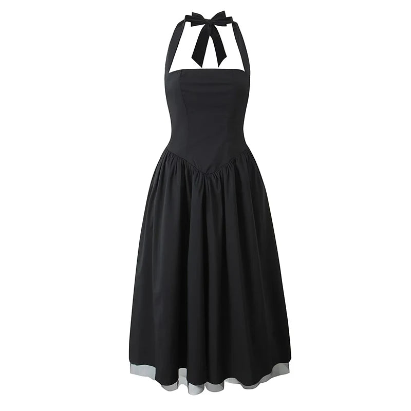 Halter Midi Dress - Backless Mesh Lace-Up Party Dress