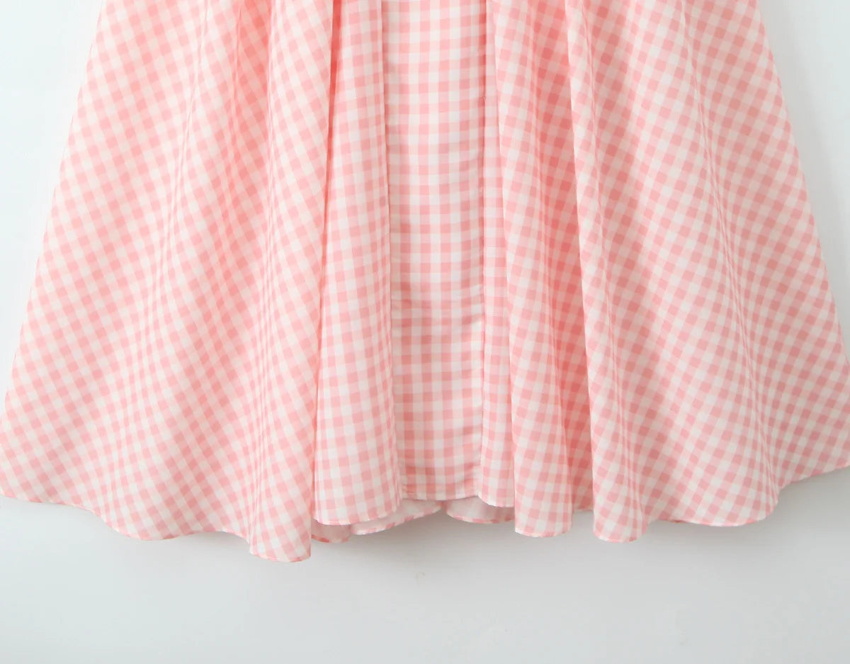 Pink Plaid Halter Dress Backless Low Waist