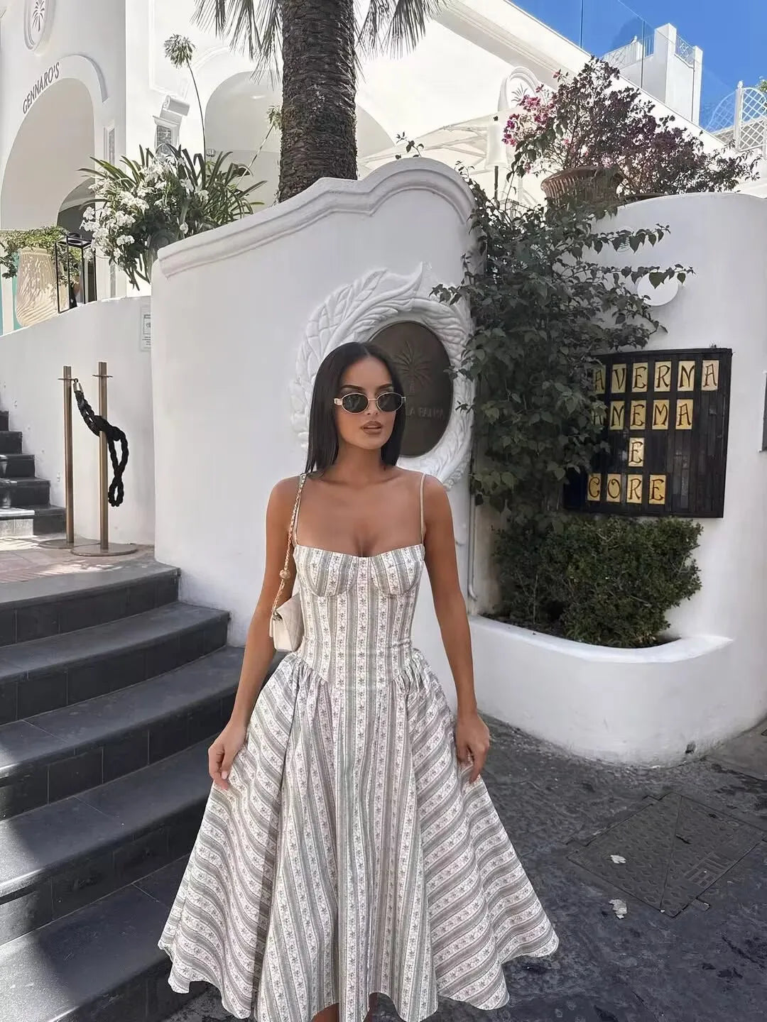 Green Striped Floral Midi Dress Spaghetti Strap