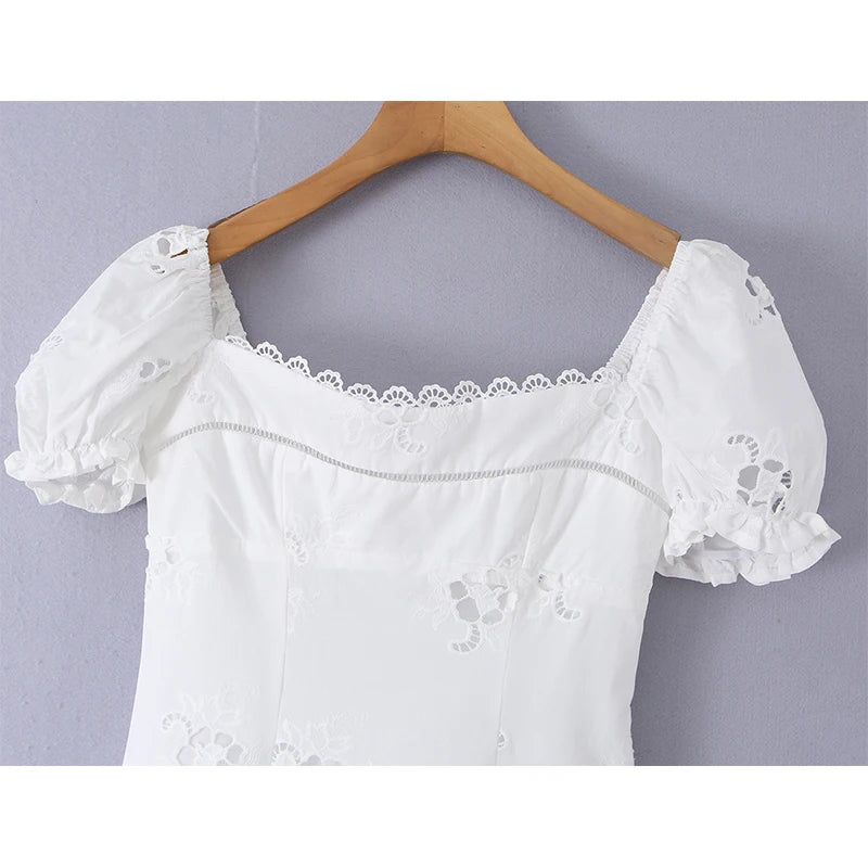 Embroidered White Mini Dress Puff Sleeve Floral