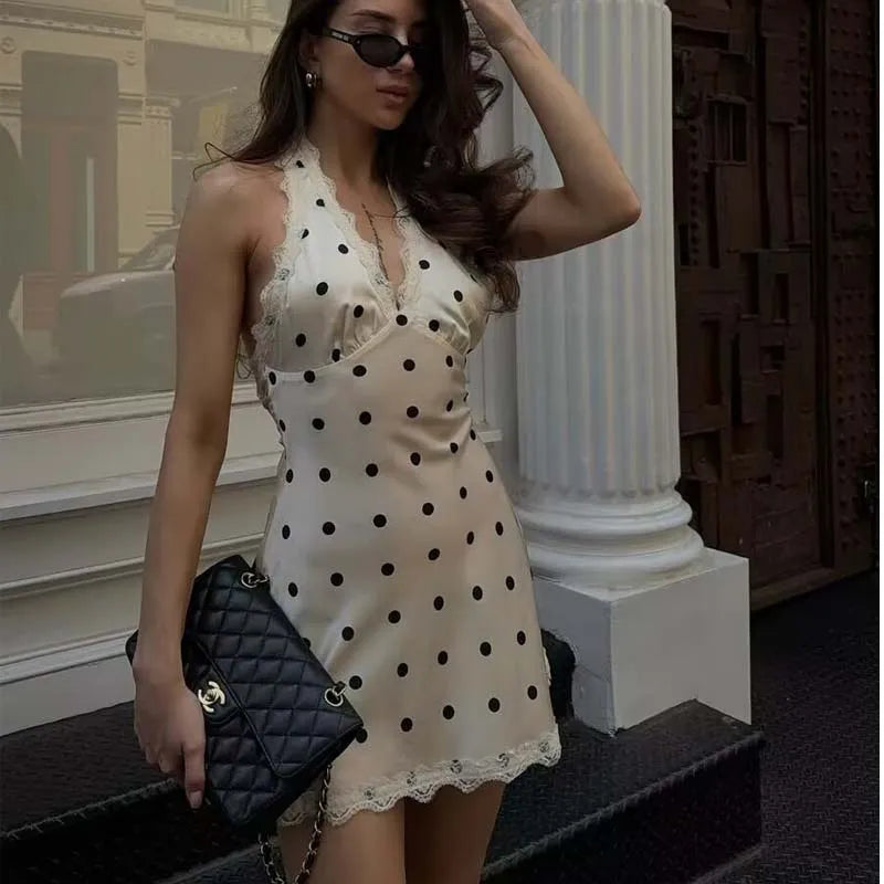 Lace Polka Dot Halter Mini Dress Backless