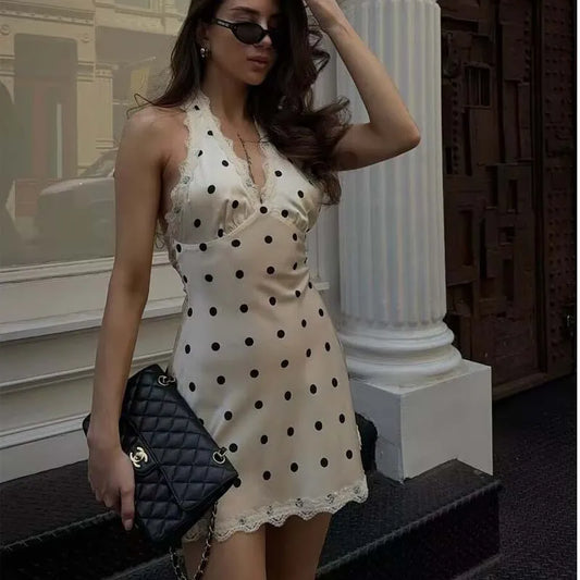 Lace Polka Dot Halter Mini Dress Backless