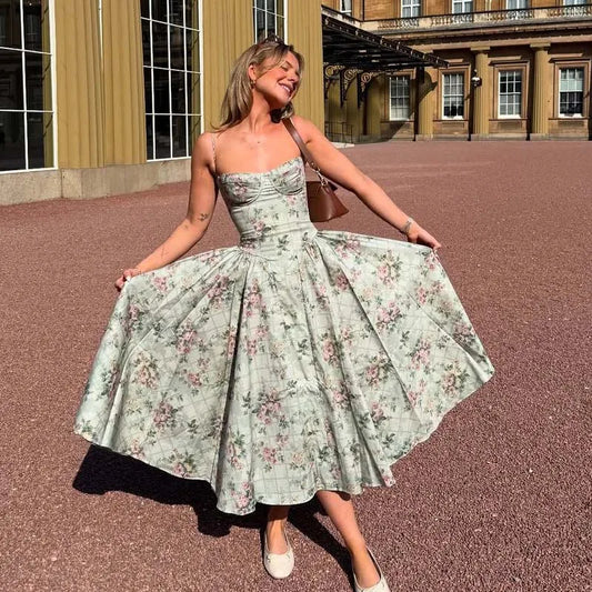 Green Floral Midi Dress Spaghetti Strap Low Waist