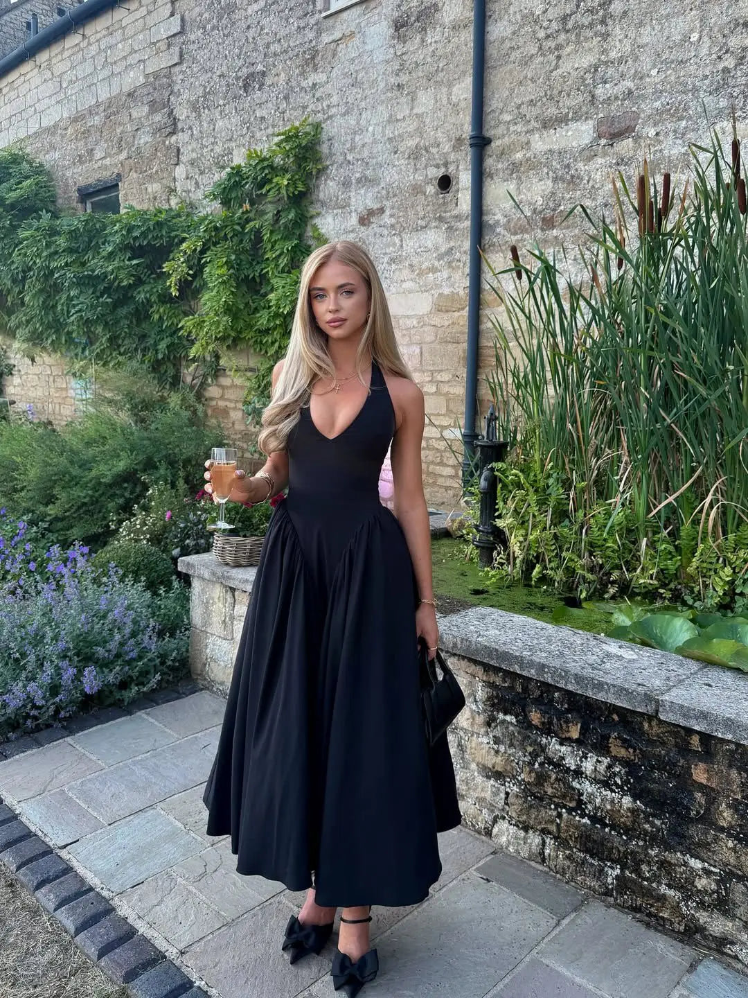 Green Halter Midi Dress Backless Low Waist