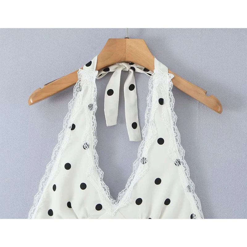 Lace Polka Dot Halter Mini Dress Backless