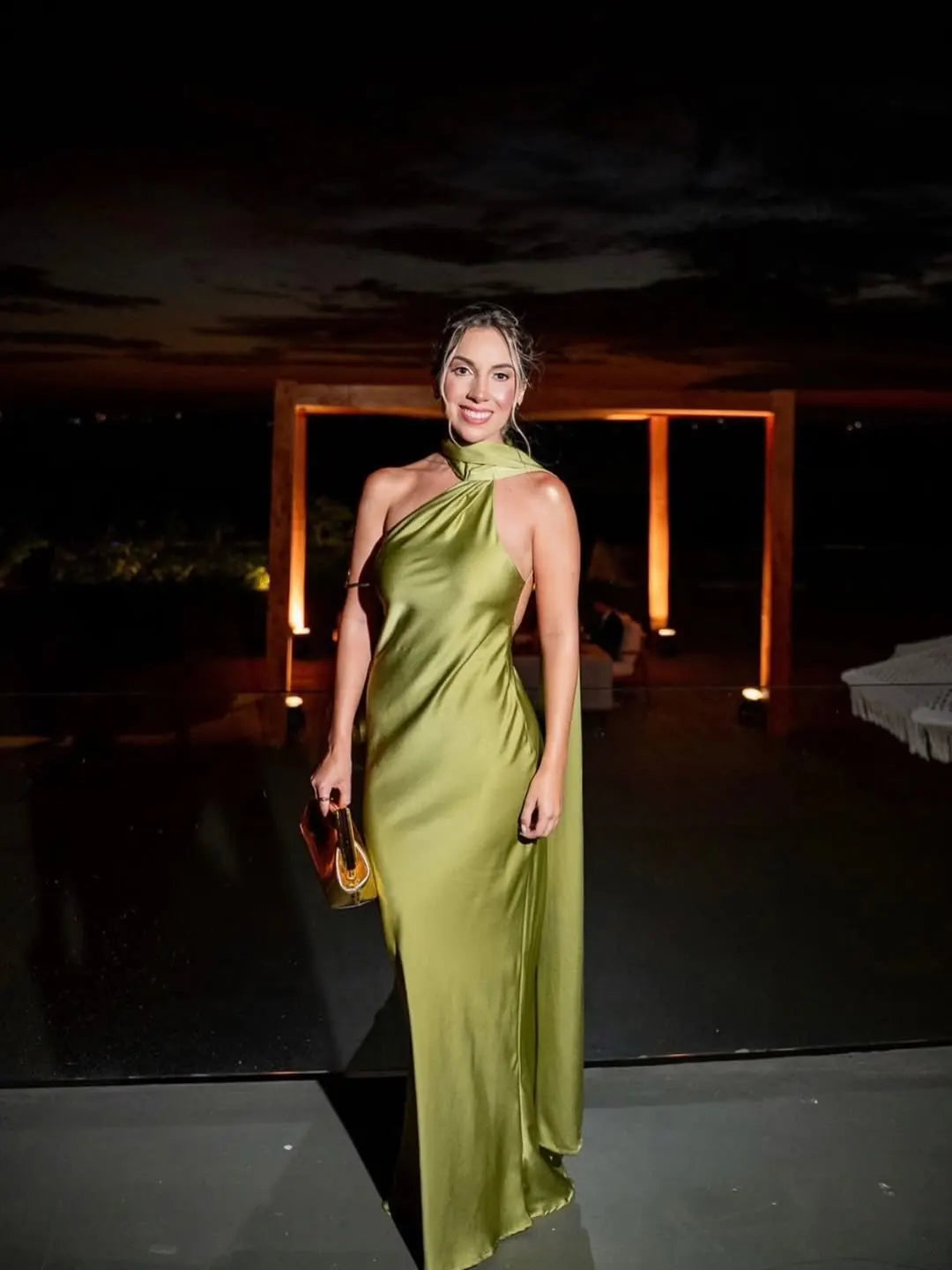 Green Satin Halter Maxi Dress Backless