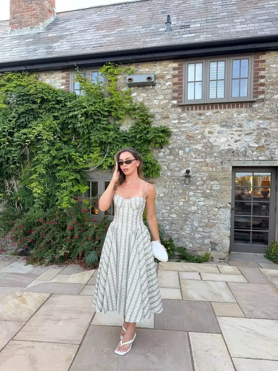 Green Striped Floral Midi Dress Spaghetti Strap