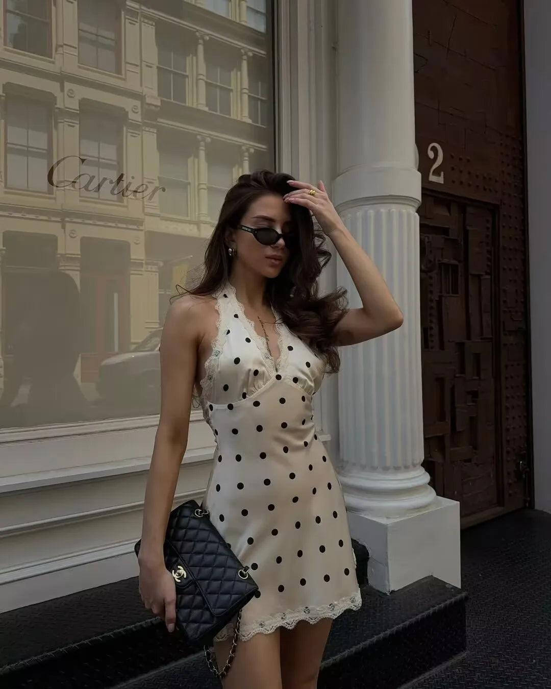 Lace Polka Dot Halter Mini Dress Backless