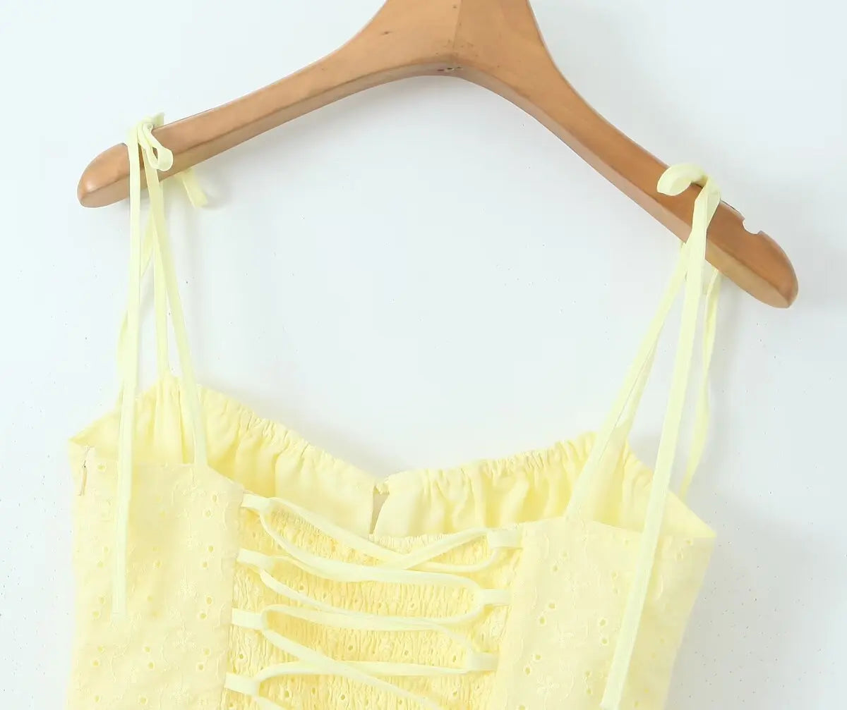Yellow Embroidered Mini Dress Lace-Up Low Waist