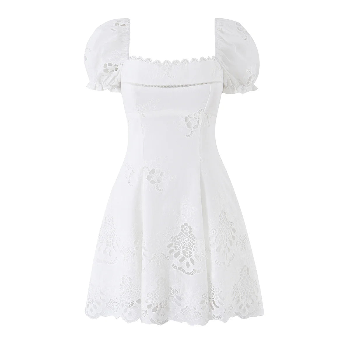 Embroidered White Mini Dress Puff Sleeve Floral