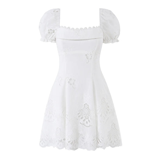 Embroidered White Mini Dress Puff Sleeve Floral