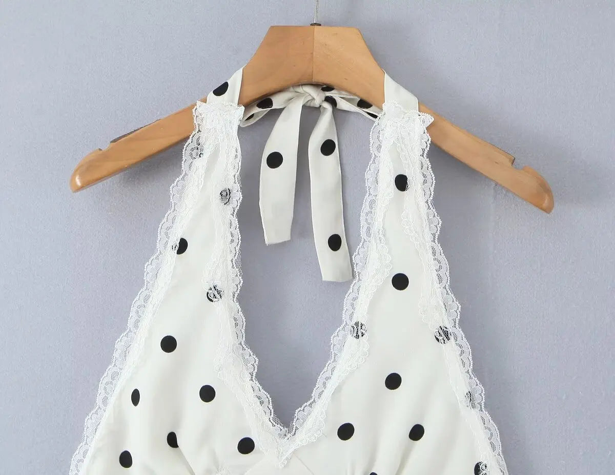 Lace Polka Dot Halter Mini Dress Backless
