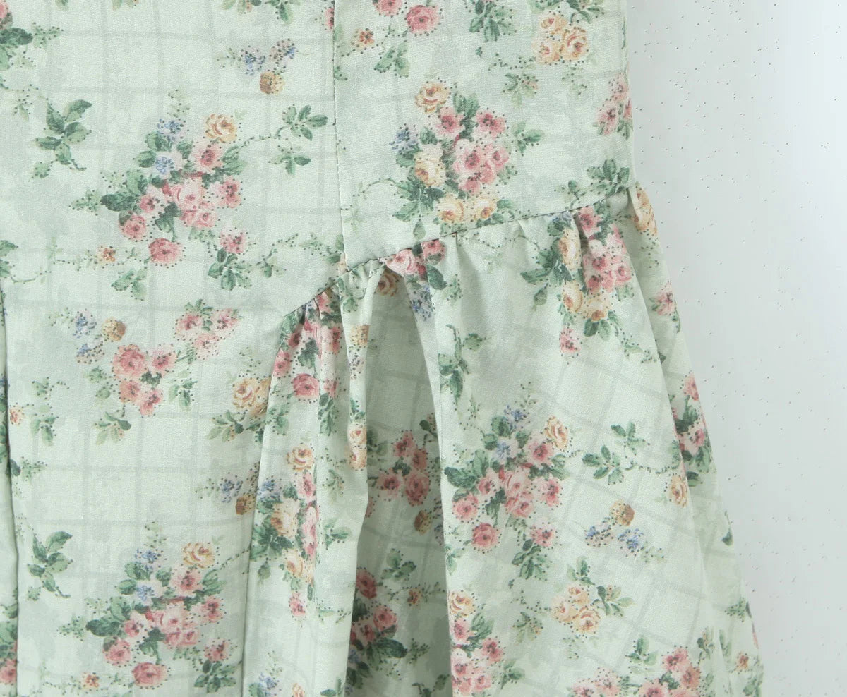 Green Floral Midi Dress Spaghetti Strap Low Waist