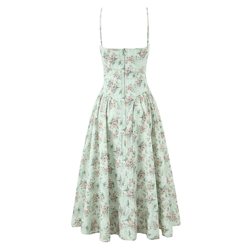 Green Floral Midi Dress Spaghetti Strap Low Waist