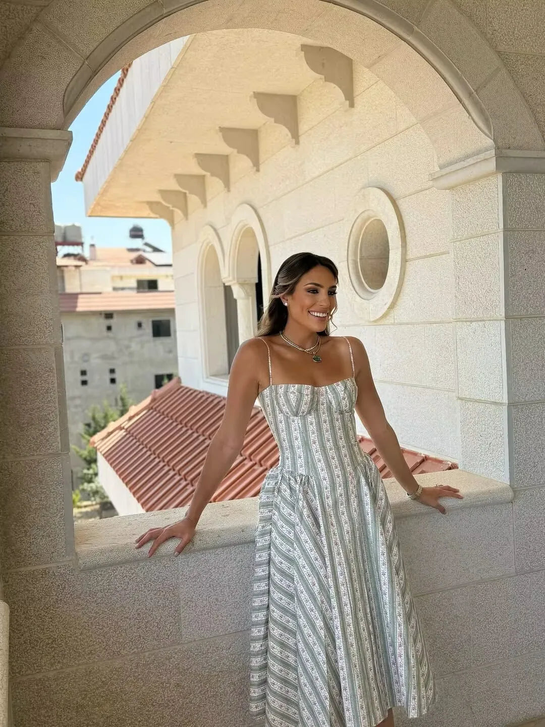 Green Striped Floral Midi Dress Spaghetti Strap