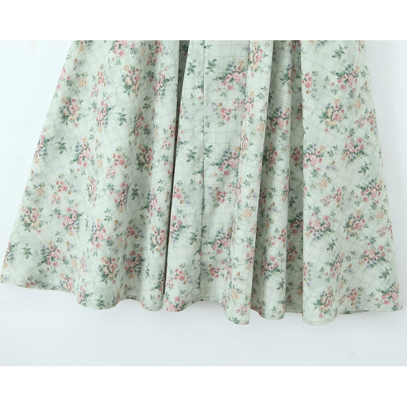 Green Floral Midi Dress Spaghetti Strap Low Waist