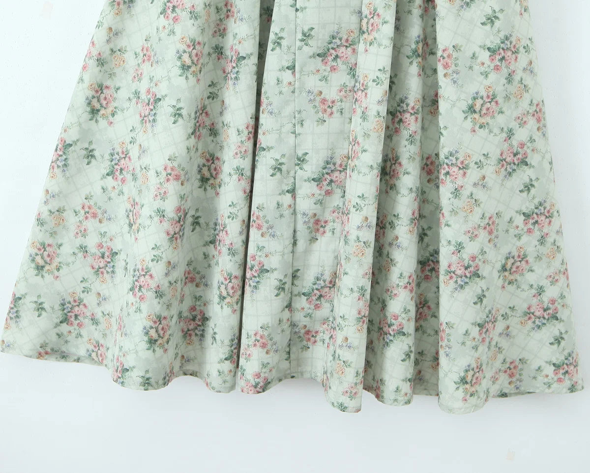Green Floral Midi Dress Spaghetti Strap Low Waist