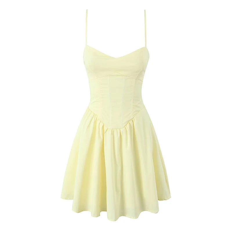 Fishbone Waist Yellow Mini Dress Lace-Up Back