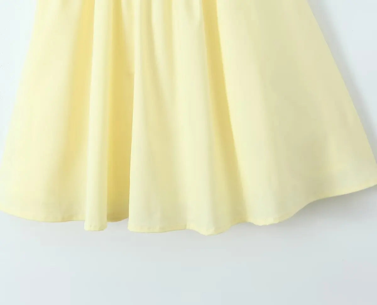 Fishbone Waist Yellow Mini Dress Lace-Up Back