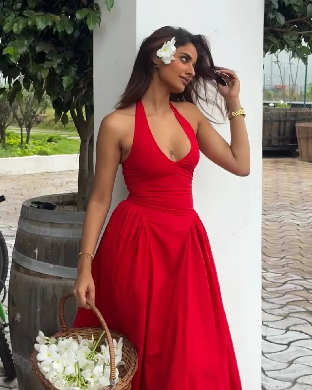 Green Halter Midi Dress Backless Low Waist